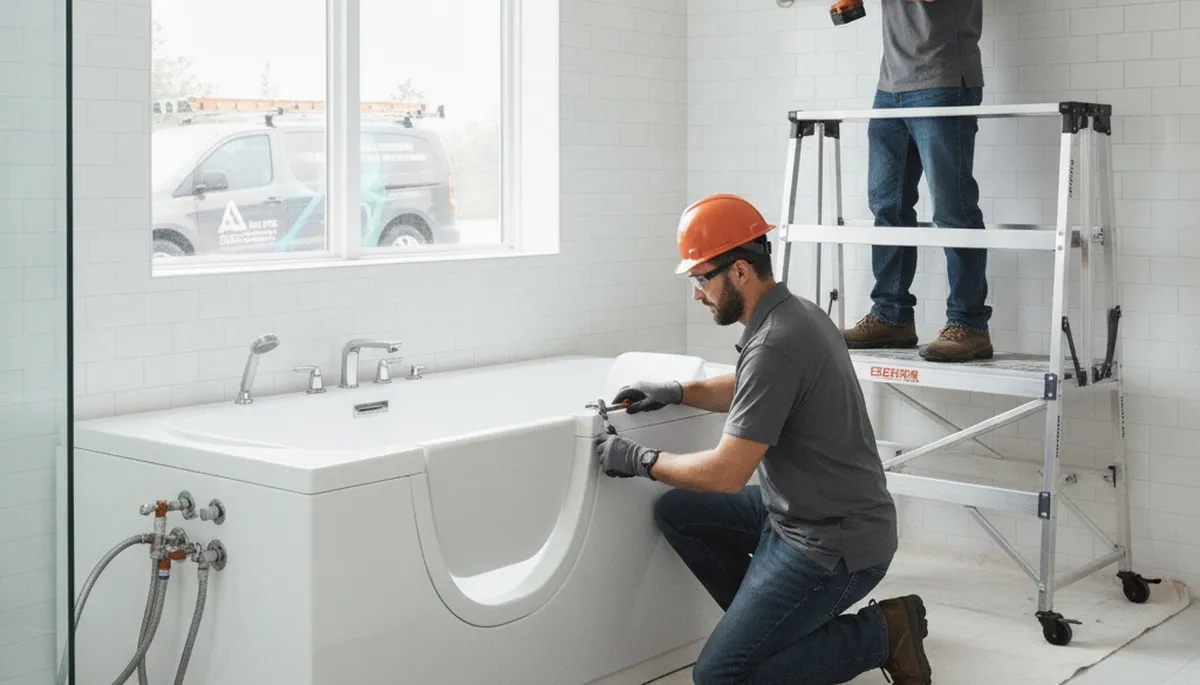 Naperville, IL plumbers installing walk-in tub plumbing for safer bathroom access